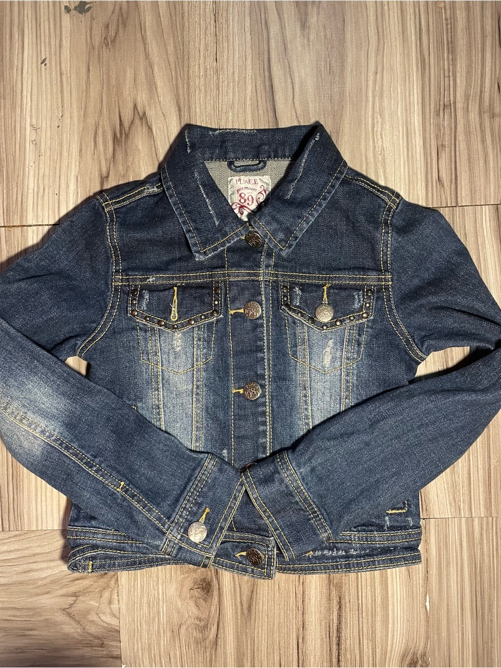 The Children’s Place Girls Distressed Denim Jacket Studded Pockets M 7/8